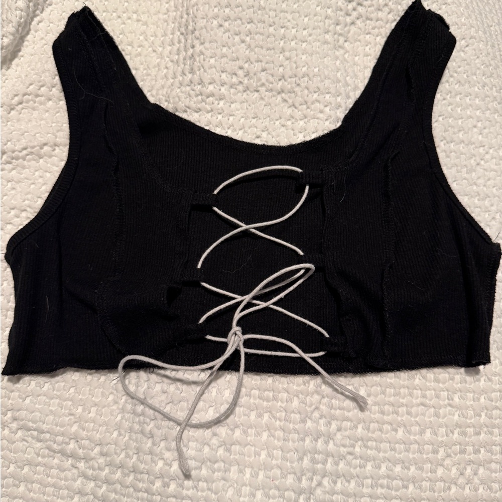 SHEIN Black Ribbed Crop Tank with White Lace-Up Detail